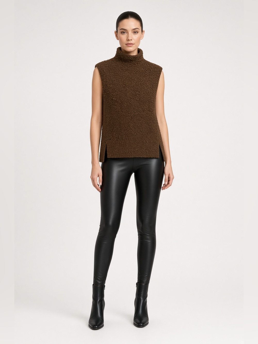 Zara Brown Sleeveless Turtleneck Bouclé Sweater Vest M Side Slits